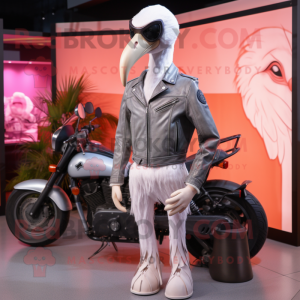 Silver Flamingo mascot costume character dressed with a Moto Jacket and Wallets