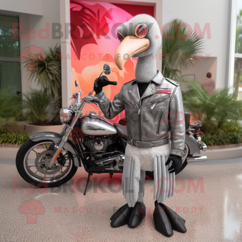 Silver Flamingo mascot costume character dressed with a Moto Jacket and Wallets