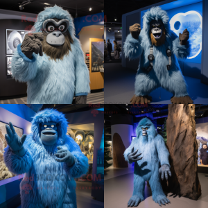 Blue Sasquatch mascot costume character dressed with a Parka and Rings