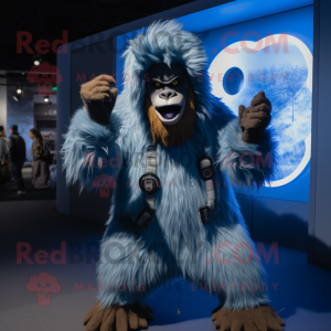 Blue Sasquatch mascot costume character dressed with a Parka and Rings