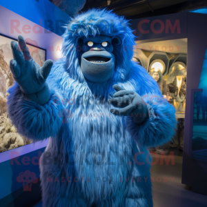 Blue Sasquatch mascot costume character dressed with a Parka and Rings