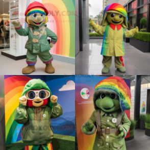Olive Rainbow mascot costume character dressed with a Windbreaker and Berets