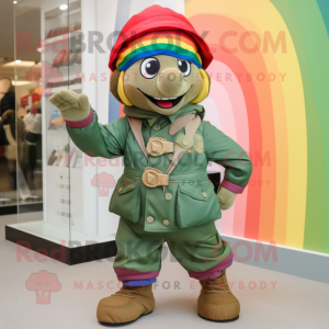 Olive Rainbow mascot costume character dressed with a Windbreaker and Berets