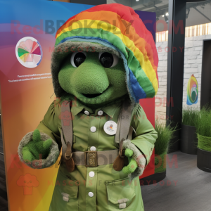 Olive Rainbow mascot costume character dressed with a Windbreaker and Berets