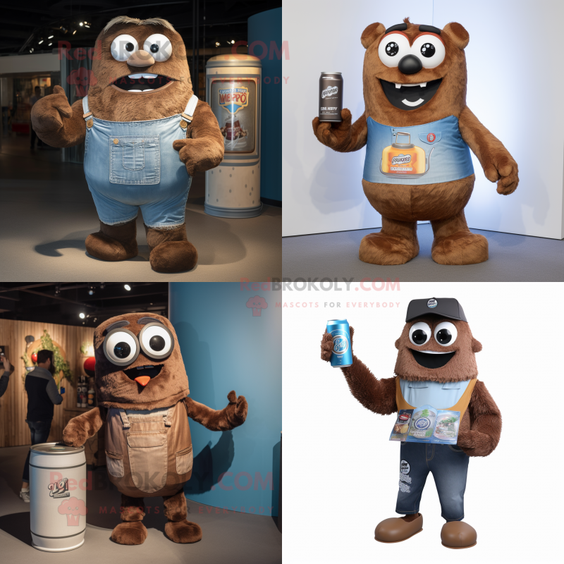 Brown Soda Can mascot costume character dressed with a Denim Shorts and Mittens