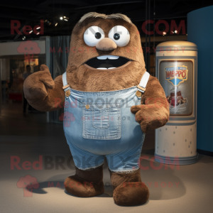 Brown Soda Can mascot costume character dressed with a Denim Shorts and Mittens