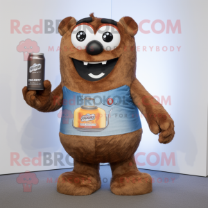 Brown Soda Can mascot costume character dressed with a Denim Shorts and Mittens