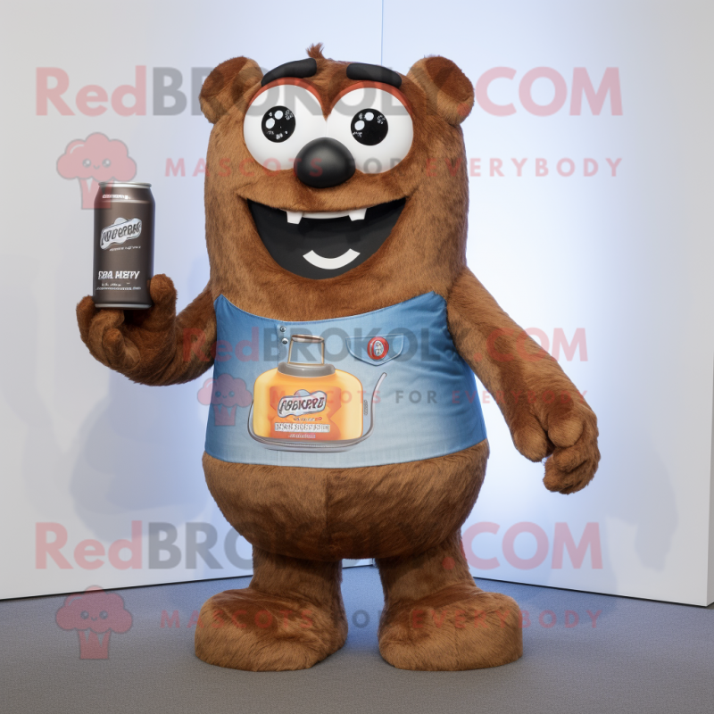 Brown Soda Can mascot costume character dressed with a Denim Shorts and Mittens Brown Soda Can mascot costume character dressed with a Denim Shorts and Mittens