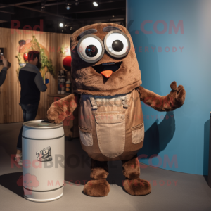 Brown Soda Can mascot costume character dressed with a Denim Shorts and Mittens
