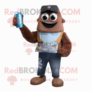 Brown Soda Can mascot costume character dressed with a Denim Shorts and Mittens