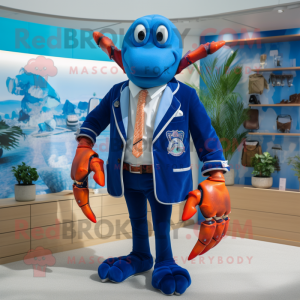 Blue Lobster Bisque mascot costume character dressed with a Blazer and Brooches