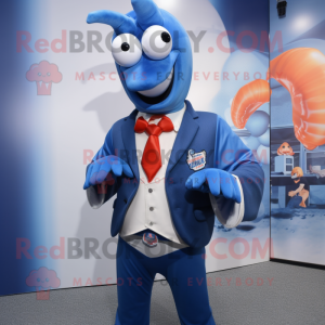 Blue Lobster Bisque mascot costume character dressed with a Blazer and Brooches