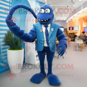 Blue Lobster Bisque mascot costume character dressed with a Blazer and Brooches