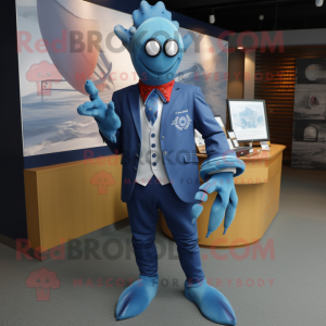 Blue Lobster Bisque mascot costume character dressed with a Blazer and Brooches