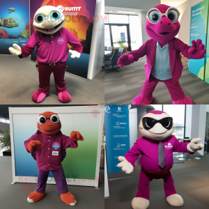 Magenta Sea Turtle mascot costume character dressed with a Dress Shirt and Keychains