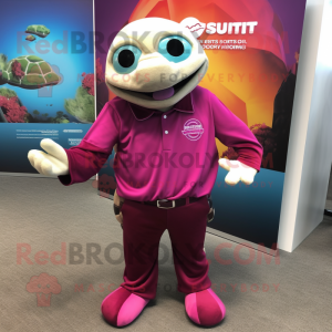 Magenta Sea Turtle mascot costume character dressed with a Dress Shirt and Keychains