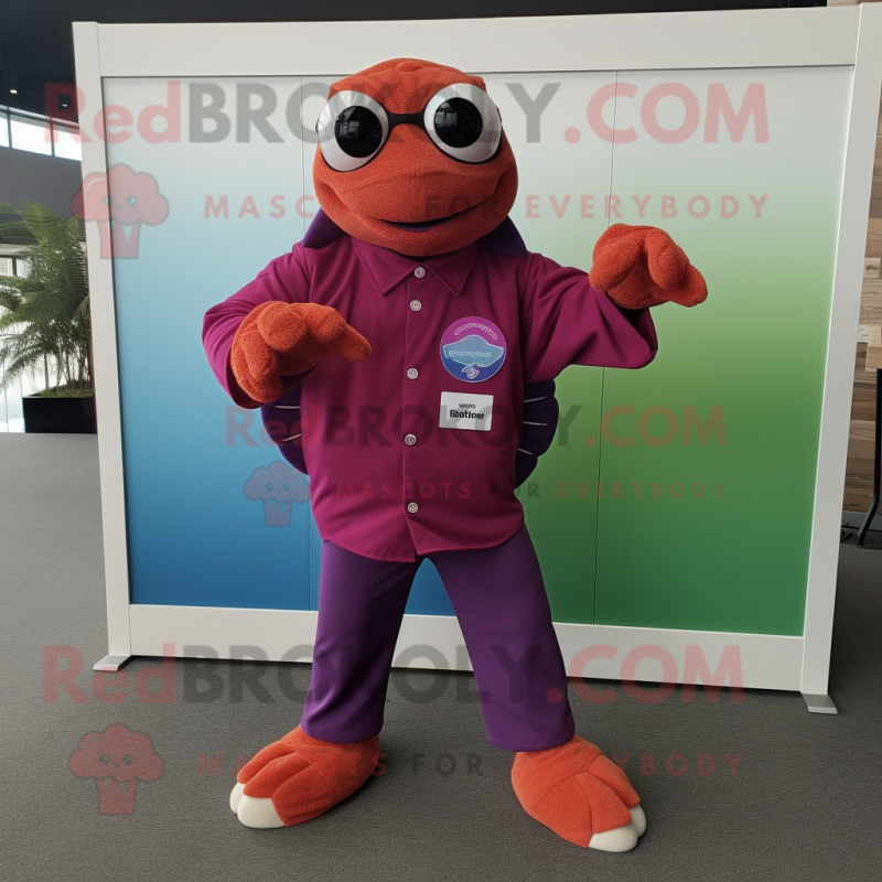 Magenta Sea Turtle mascot costume character dressed with a Dress Shirt and Keychains Magenta Sea Turtle mascot costume character dressed with a Dress Shirt and Keychains