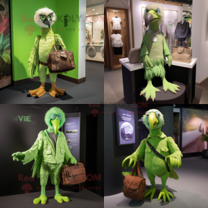 Lime Green Vulture mascot costume character dressed with a Henley Shirt and Handbags