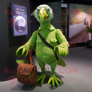 Lime Green Vulture mascot costume character dressed with a Henley Shirt and Handbags