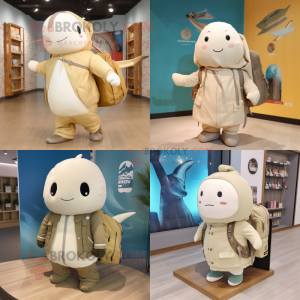 Beige Narwhal mascot costume character dressed with a Parka and Tote bags