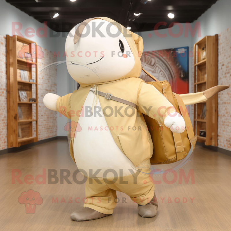 Beige Narwhal mascot costume character dressed with a Parka and Tote bags