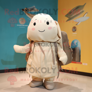 Beige Narwhal mascot costume character dressed with a Parka and Tote bags