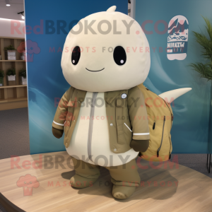 Beige Narwhal mascot costume character dressed with a Parka and Tote bags