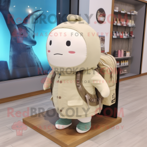 Beige Narwhal mascot costume character dressed with a Parka and Tote bags
