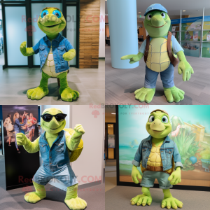 Lime Green Sea Turtle mascot costume character dressed with a Denim Shorts and Earrings