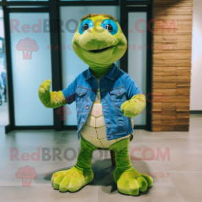 Lime Green Sea Turtle mascot costume character dressed with a Denim Shorts and Earrings