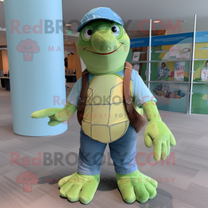 Lime Green Sea Turtle mascot costume character dressed with a Denim Shorts and Earrings