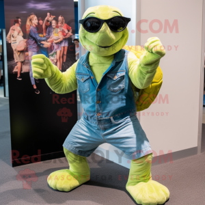 Lime Green Sea Turtle mascot costume character dressed with a Denim Shorts and Earrings