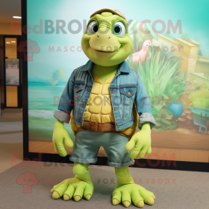 Lime Green Sea Turtle mascot costume character dressed with a Denim Shorts and Earrings