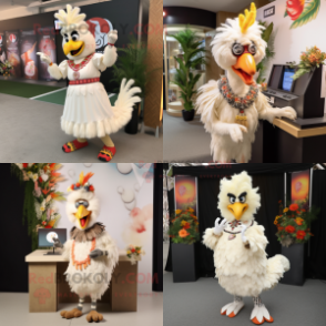 Cream Roosters mascot costume character dressed with a Midi Dress and Bracelets