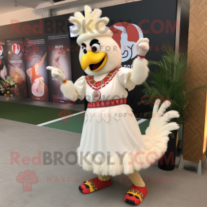 Cream Roosters mascot costume character dressed with a Midi Dress and Bracelets