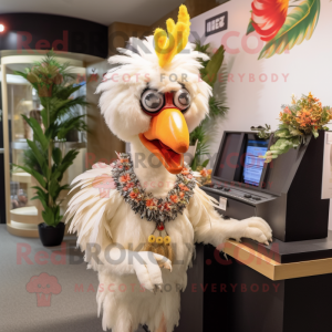 Cream Roosters mascot costume character dressed with a Midi Dress and Bracelets