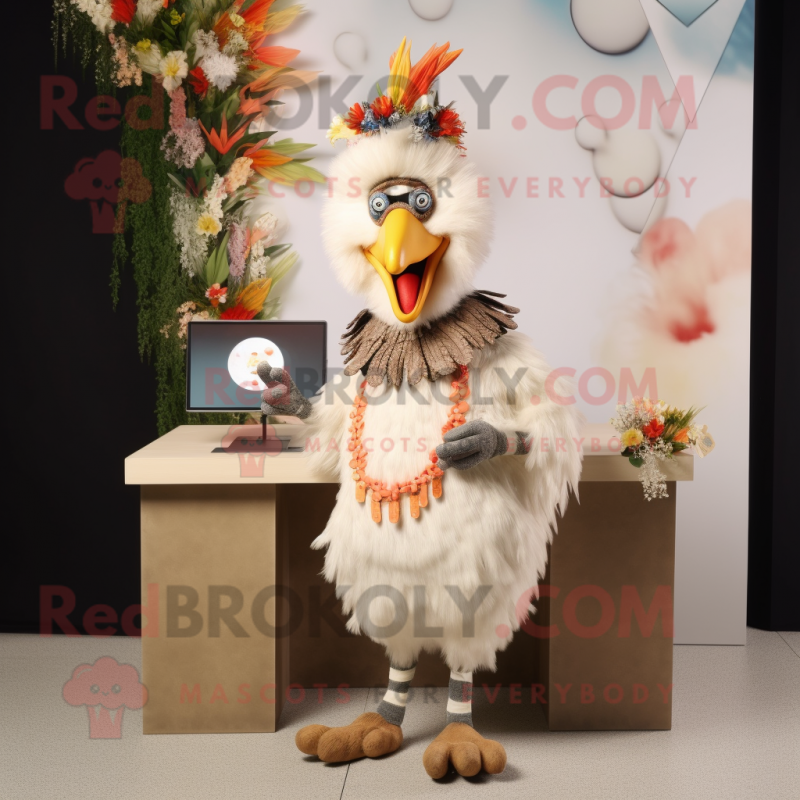 Cream Roosters mascot costume character dressed with a Midi Dress and Bracelets