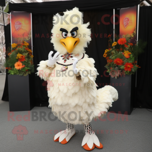 Cream Roosters mascot costume character dressed with a Midi Dress and Bracelets