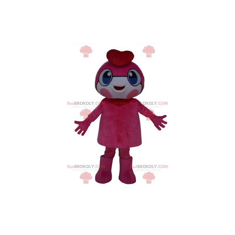 Mascota de muñeco de nieve rosa con ojos azules y una boina -