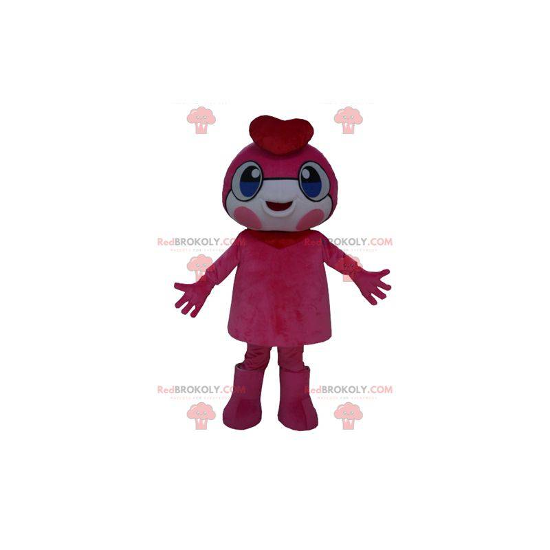 Růžový sněhulák maskot s modrýma očima a baret - Redbrokoly.com Růžový sněhulák maskot s modrýma očima a baret - Redbrokoly.com