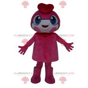 Mascote do boneco de neve rosa com olhos azuis e uma boina -