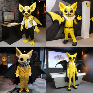 Yellow Bat mascot costume character dressed with a Blazer and Earrings