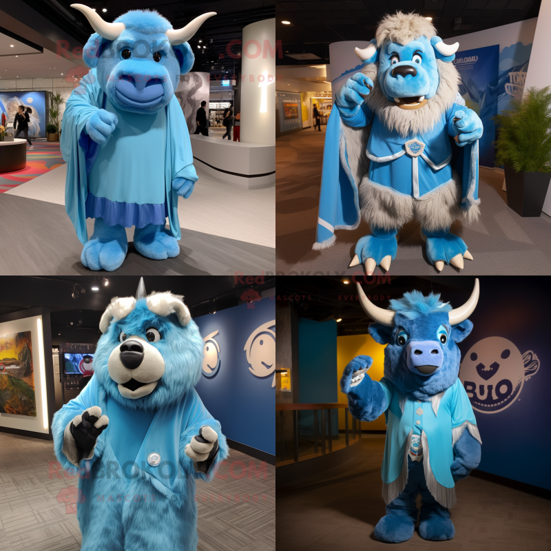 Sky Blue Bison mascot costume character dressed with a Cover-up and Rings Sky Blue Bison mascot costume character dressed with a Cover-up and Rings