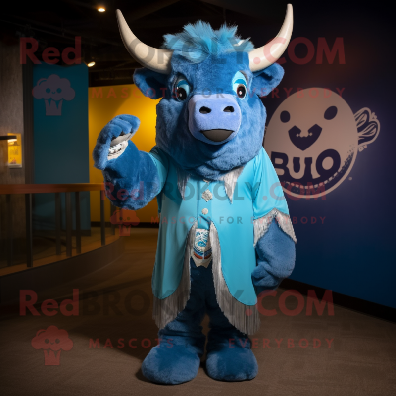 Sky Blue Bison mascot costume character dressed with a Cover-up and Rings Sky Blue Bison mascot costume character dressed with a Cover-up and Rings