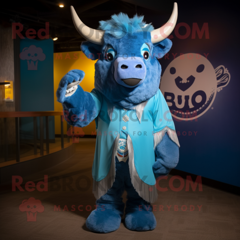 Sky Blue Bison mascot costume character dressed with a Cover-up and Rings