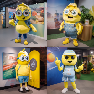 Lemon Yellow Momentum mascot costume character dressed with a Denim Shorts and Keychains