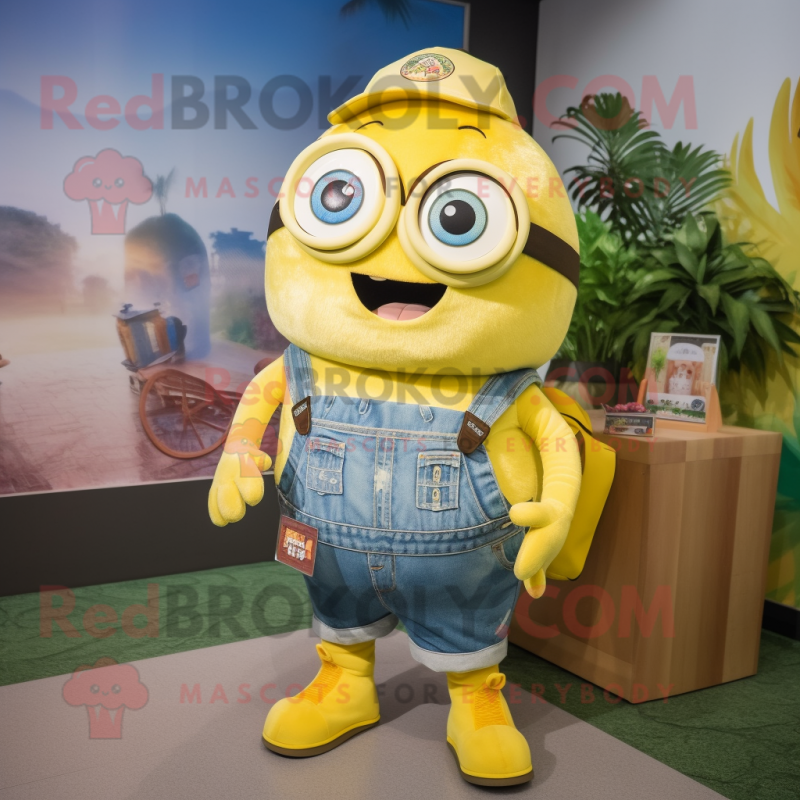 Lemon Yellow Momentum mascot costume character dressed with a Denim Shorts and Keychains Lemon Yellow Momentum mascot costume character dressed with a Denim Shorts and Keychains