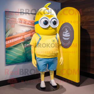 Lemon Yellow Momentum mascot costume character dressed with a Denim Shorts and Keychains