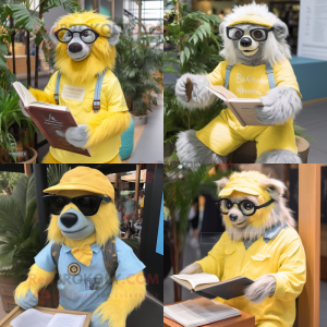 Lemon Yellow Sloth Bear mascot costume character dressed with a Chambray Shirt and Reading glasses