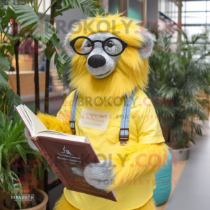 Lemon Yellow Sloth Bear mascot costume character dressed with a Chambray Shirt and Reading glasses